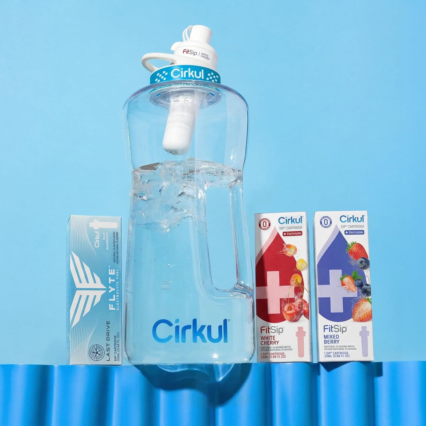 Cirkul 22oz. BPA-Free Plastic Water Bottle Starter Kit with Blue Lid, 2 Flavor Cartridges (1 LifeSip Fruit Punch, 1 FitSip Mixed Berry) No Sugar, Zero Calorie Drink Mix