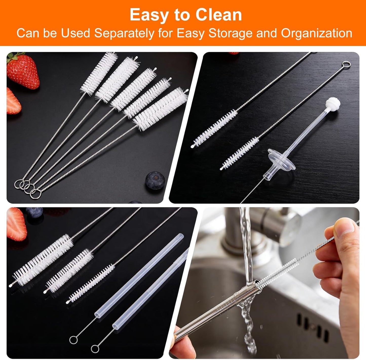 8 Inch Extra Long Straw Cleaner Brush Set, 10 Pack Reusable Straw Cleaning Brushes for Tumbler, Metal Straws，Bottle Drinking Straws，Computer Keyboard, Desktop Cleaning