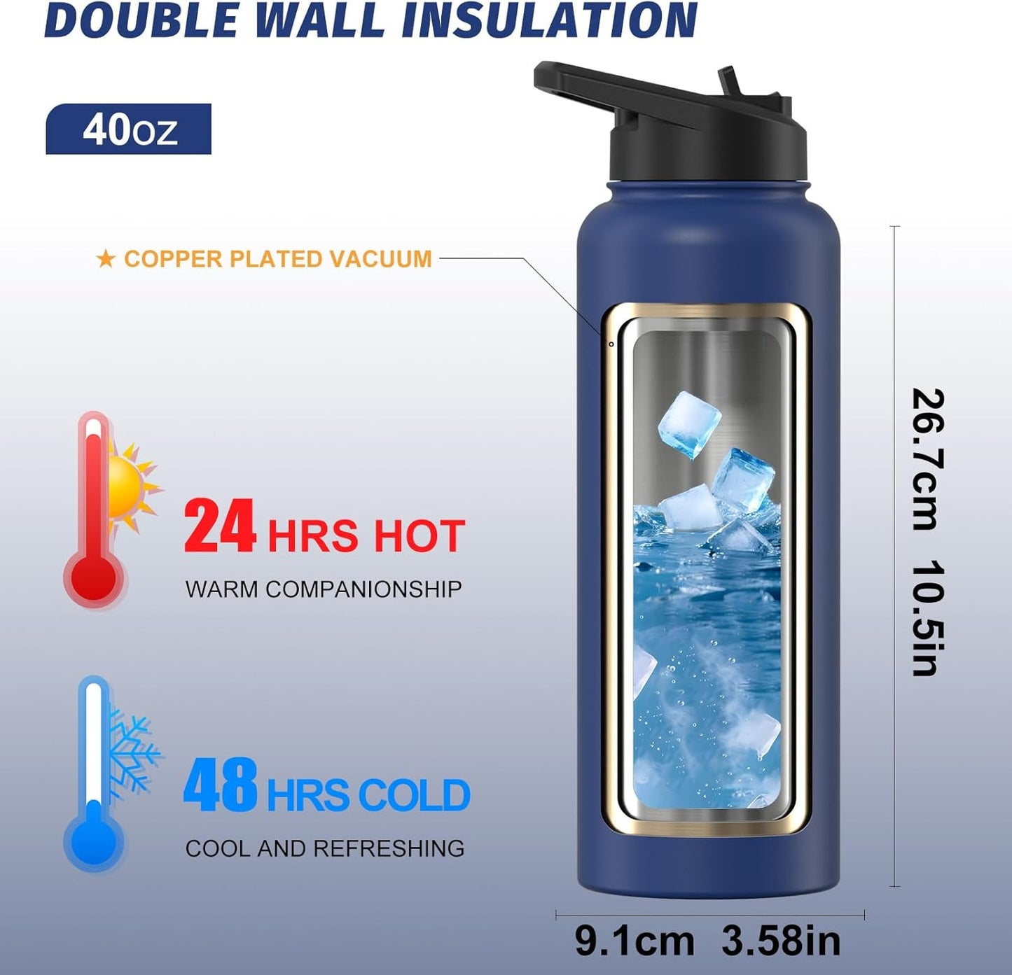 40oz Insulated Water Bottle (Cold for 48 Hrs),BPA Free&Leak Proof,Stainless Steel Water Flask,Water Jug with Straw Spout Lids for Gym,Hiking,Travel,Black Blue
