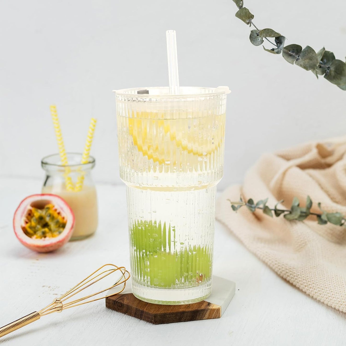 Clear Iced Coffee Cups with Lids - 4 Pack, 20oz Reusable Glass Cups with Lids and Straws, Drinking Tumblers for Cocktail Beer, Juice, Smoothie, Coffee Bar, Housewarming Gifts - Dishwasher Safe