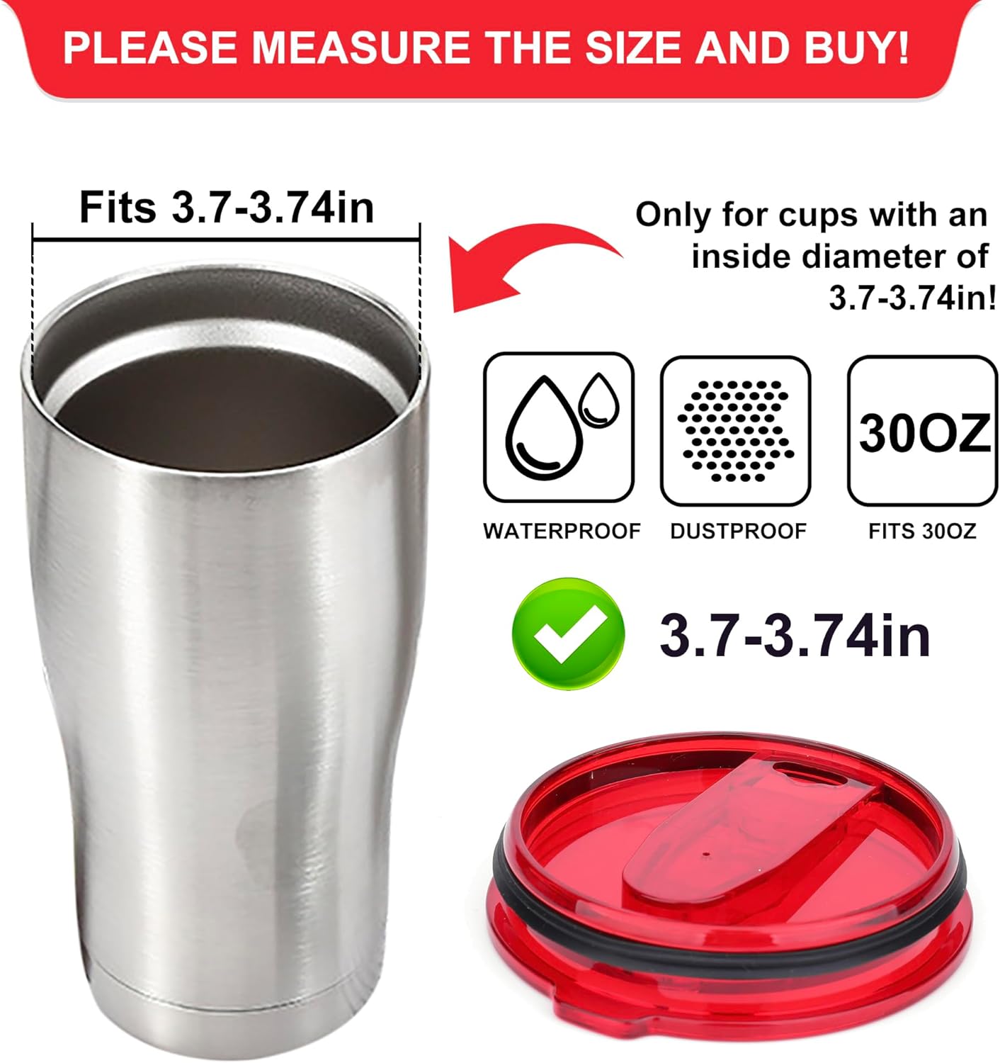 2 Replacement Lids for Stainless Steel Tumbler Travel Cup - Fits OF Inner diameter 3.7 to 3.74 INCH Yeti Rambler and others (Transparent) (30 OZ)