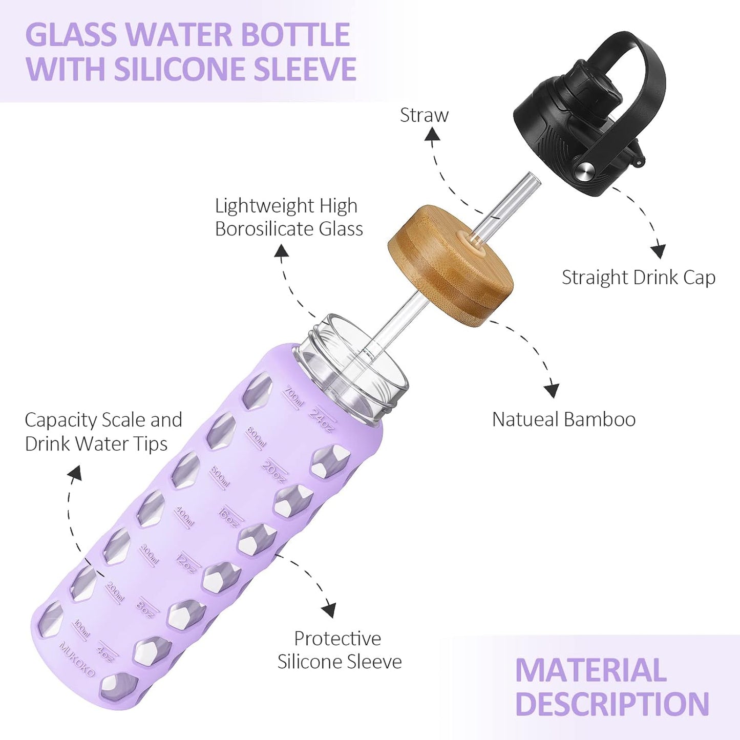 MUKOKO Glass Water Bottles, 32oz Glass Tumbler with Straw, Drinking Bottles with 2 Lids-Handle Spout Lid&Bamboo Straw Lid, Motivational Water Bottle with Time Marker and Silicone Sleeve, 1 Pack-Olive