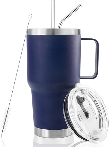 30 oz Tumbler With Handle, Double Wall Stainless Steel Vacuum Insulated Travel Mug with Splash-Proof Lid Metal Straw and Brush (Cream)