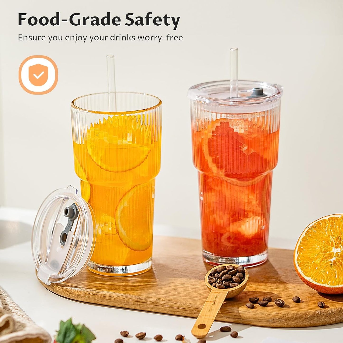 Glass Cups with Lids and Straws 4 Pack, 20oz Ribbed Glass Cups, Leak Resistant Iced Coffee Tumblers, Thick Reusable Drinking Glasses, Fits Car Cup Holder, Clear Coffee Bar Accessories