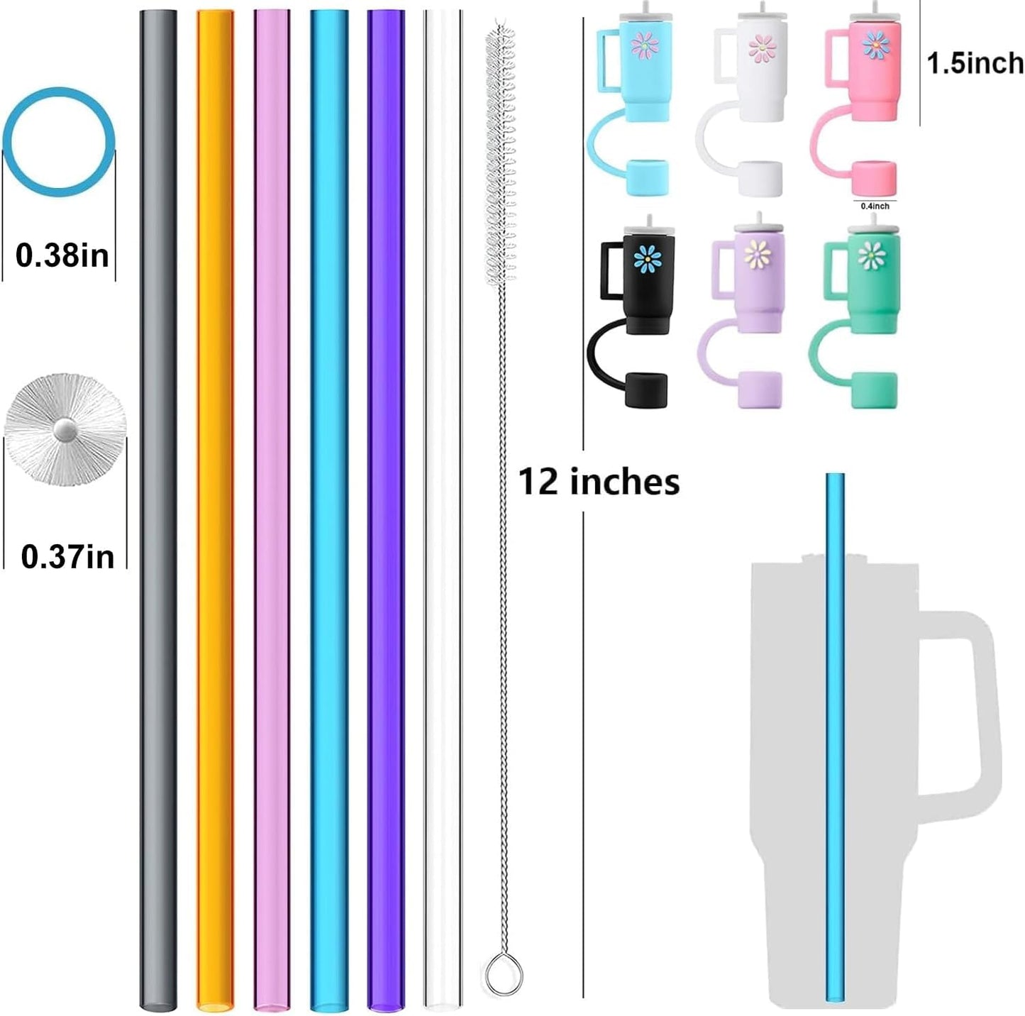 12 Pack Replacement Glitter Straws and Covers for 40 oz Stanley Adventure Travel Tumbler Cup, Reusable Glitter Straws with Cleaning Brush, Compatible with 40oz 30oz 20oz 14oz Stanley Water Jug, 12inch