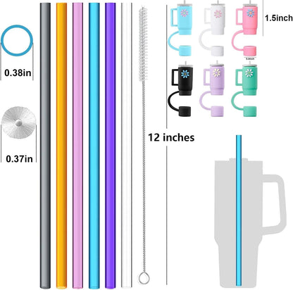 12 Pack Replacement Glitter Straws and Covers for 40 oz Stanley Adventure Travel Tumbler Cup, Reusable Glitter Straws with Cleaning Brush, Compatible with 40oz 30oz 20oz 14oz Stanley Water Jug, 12inch
