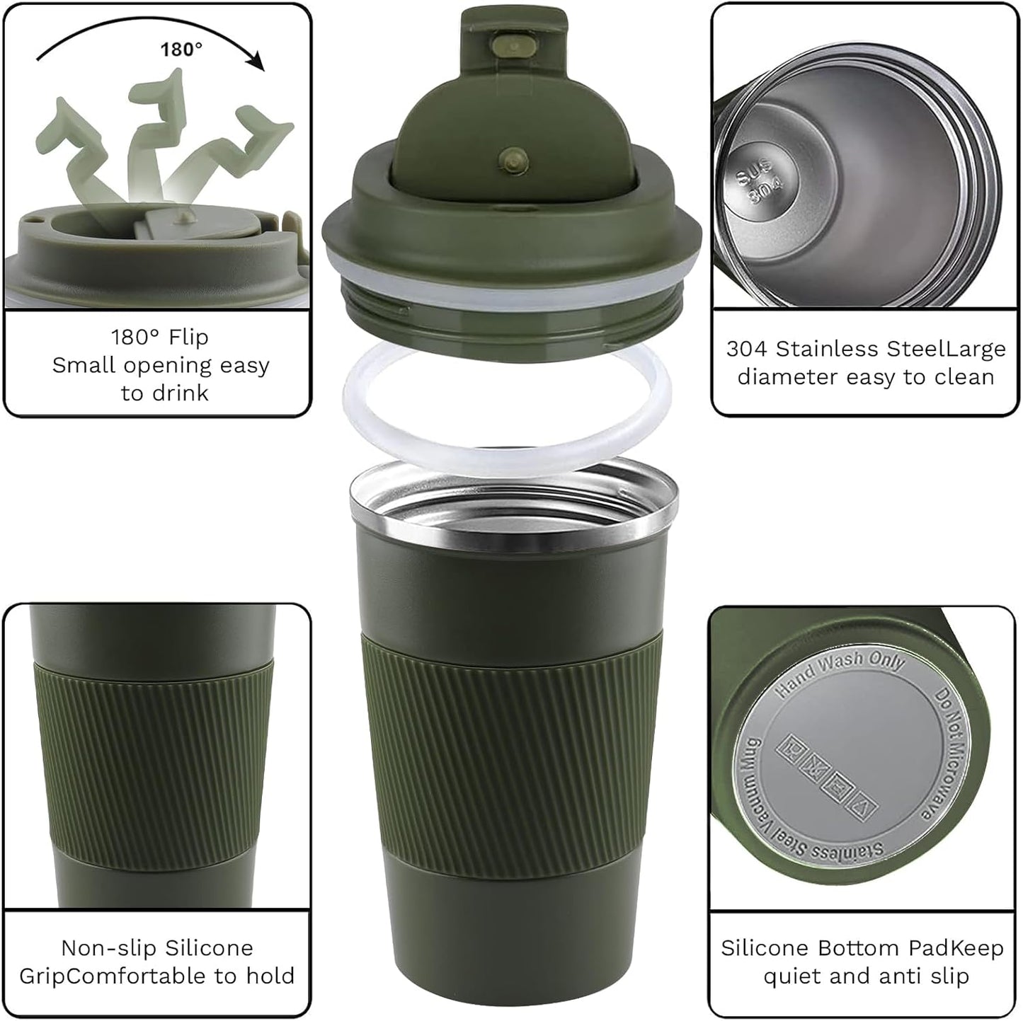 YINBAOGE Insulated Travel Coffee Mug, Spill & Leak Proof, Portable To Go Camping Stainless Steel Coffee Tumbler, Reusable Thermal Coffee Cup with Lid for Hot & Cold Drinks (Black, 12 OZ)