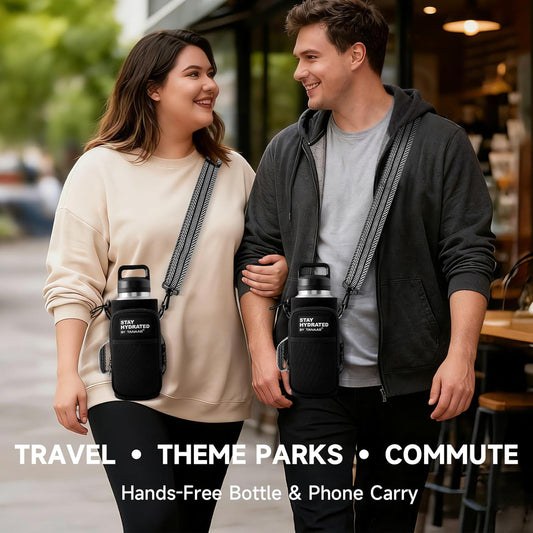 Water Bottle Holder with Strap, Neoprene Crossbody Carrier, Phone Pocket, 1.46" Wide Strap, Fits 24-40oz