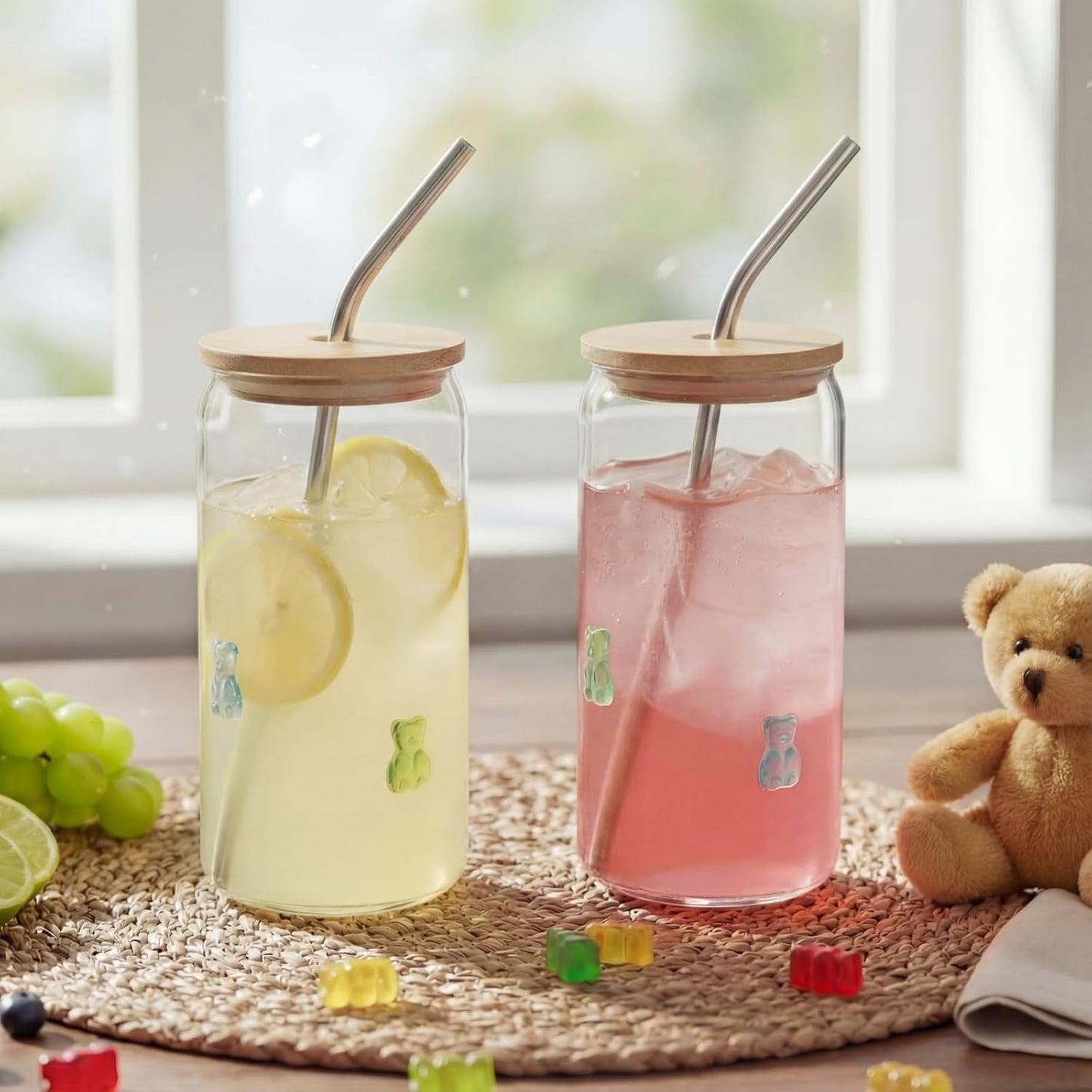 Honeydak 2 Pcs Icon Juice Glass Tumbler with Lid & Straw - 18 oz Cloud and Sun Icon Can Shape Glass Cups Coffee Juice Beer Soda Drinking Cup for Summer Halloween Christmas Party Supplies Gift