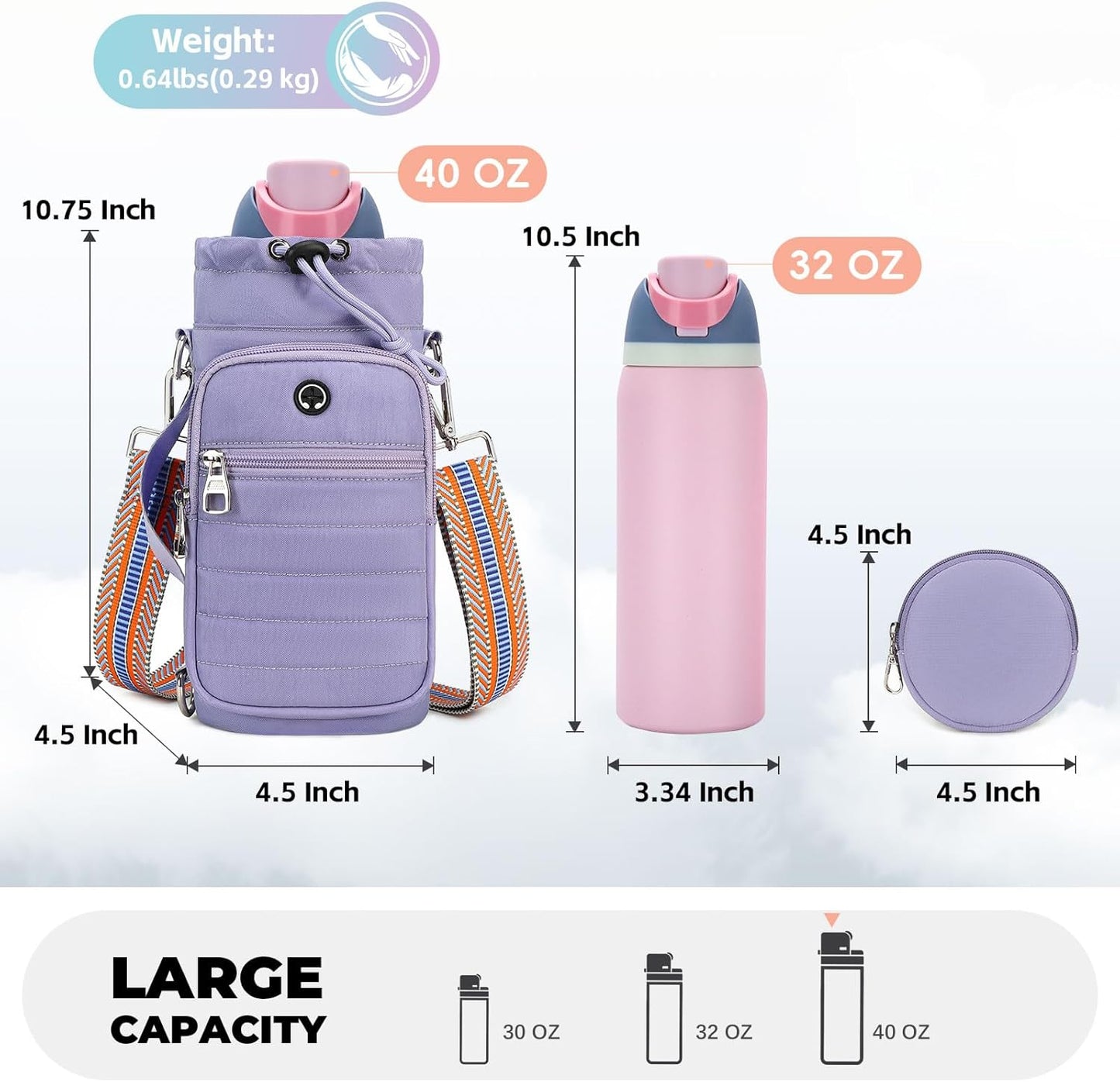 Water Bottle Carrier Bag with Strap, Sling Bag for Walking, Hiking, Cycling, Black, 40 Ounces