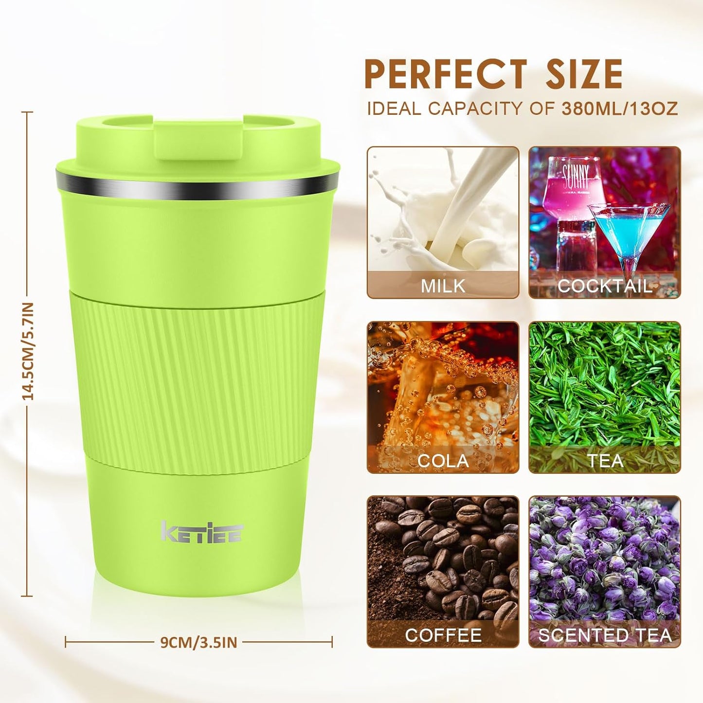 KETIEE Travel Coffee Mug Spill Proof 12oz, Insulated Travel Mug to Go, Reusable Coffee Cup with Seal Lid, Vacuum Stainless Steel Tumbler for Hot/Cold Drinks (Red)