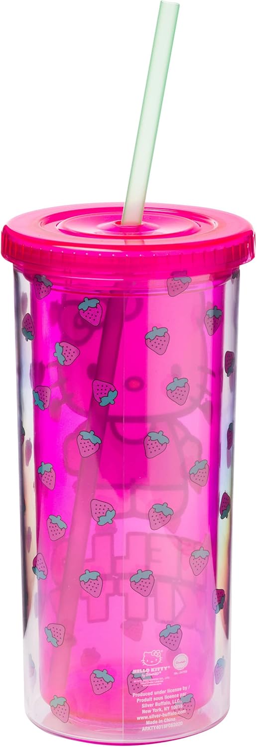 Silver Buffalo Sanrio Hello Kitty Milk Carton Pattern Plastic Boba Tumbler w Lid and Wide Straw, 24 Ounces