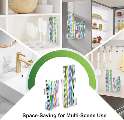 2 PACK Acrylic Straw Holder for Cabinet Doors, Reusable Straw Organizer with Ultra-Sticky Adhesive, Small Kitchen Accessories Container, Fits Both Short & Long Straws(Black)