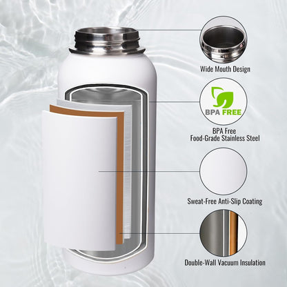 Fijinhom 24 oz Insulated Water Bottle with Handle, 304 Stainless Steel Water Bottles with Wide Mouth, Double Wall Vacuum Sports Water Bottle, BPA Free, Keep Cold and Hot, Black | with Handle