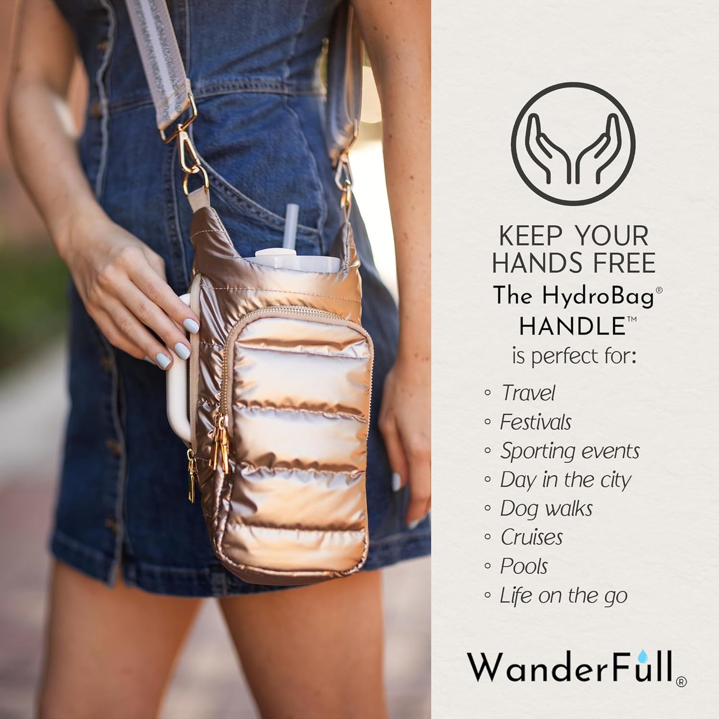 WanderFull Original HydroBag Handle® Zipper Slot for Handle, Hands-Free Crossbody Water Bottle Holder & Tumbler Accessories