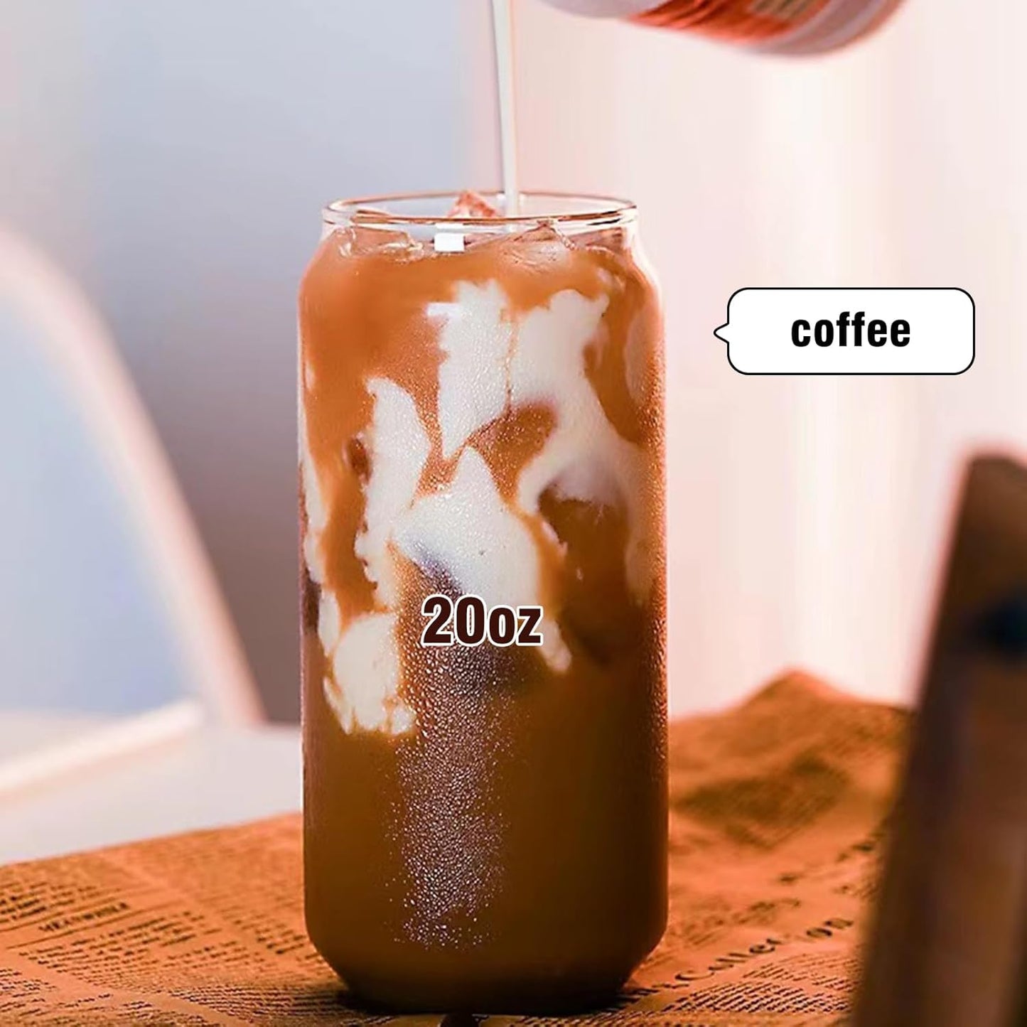 Glass Cups with Lids and Straws Set of 2 - Iced Coffee Cups with Lids for Cold Brew and Beer, 20 oz Can Shaped Glass with Bamboo Lids and Straws - Aesthetic Coffee Bar Gift for Coffee Lovers