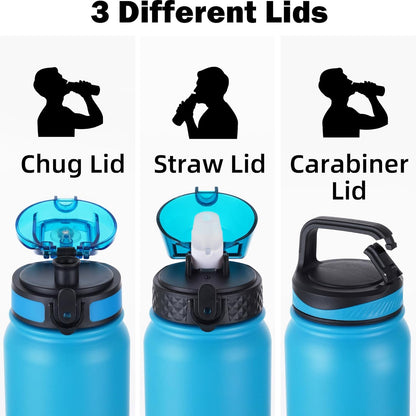Oldley Insulated Water Bottle 20oz for Adults Kids Stainless Steel Water Bottles with Straw/Chug/Carabiner 3 Lids Fruit Strainer Double Wall Vacuum Wide Mouth BPA Free Leak-Proof for School Travel