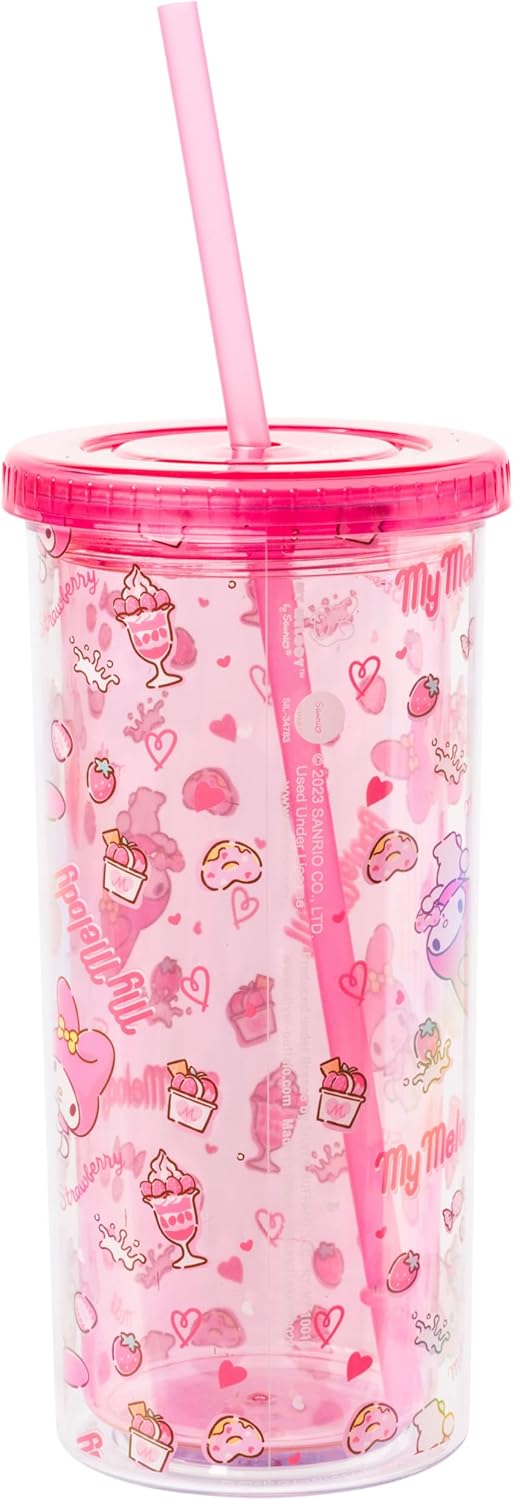 Silver Buffalo Sanrio Hello Kitty Milk Carton Pattern Plastic Boba Tumbler w Lid and Wide Straw, 24 Ounces