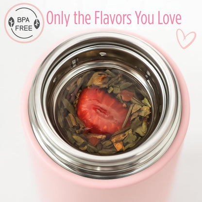 Hey Girl Tea Infuser Bottle 450ml - Insulated Stainless Steel Water Bottle - Tea Tumbler with Tea Diffuser - Portable Travel Mug for Loose Leaf Tea & Infused Water - Tea Lovers Gifts for Women (Pink)