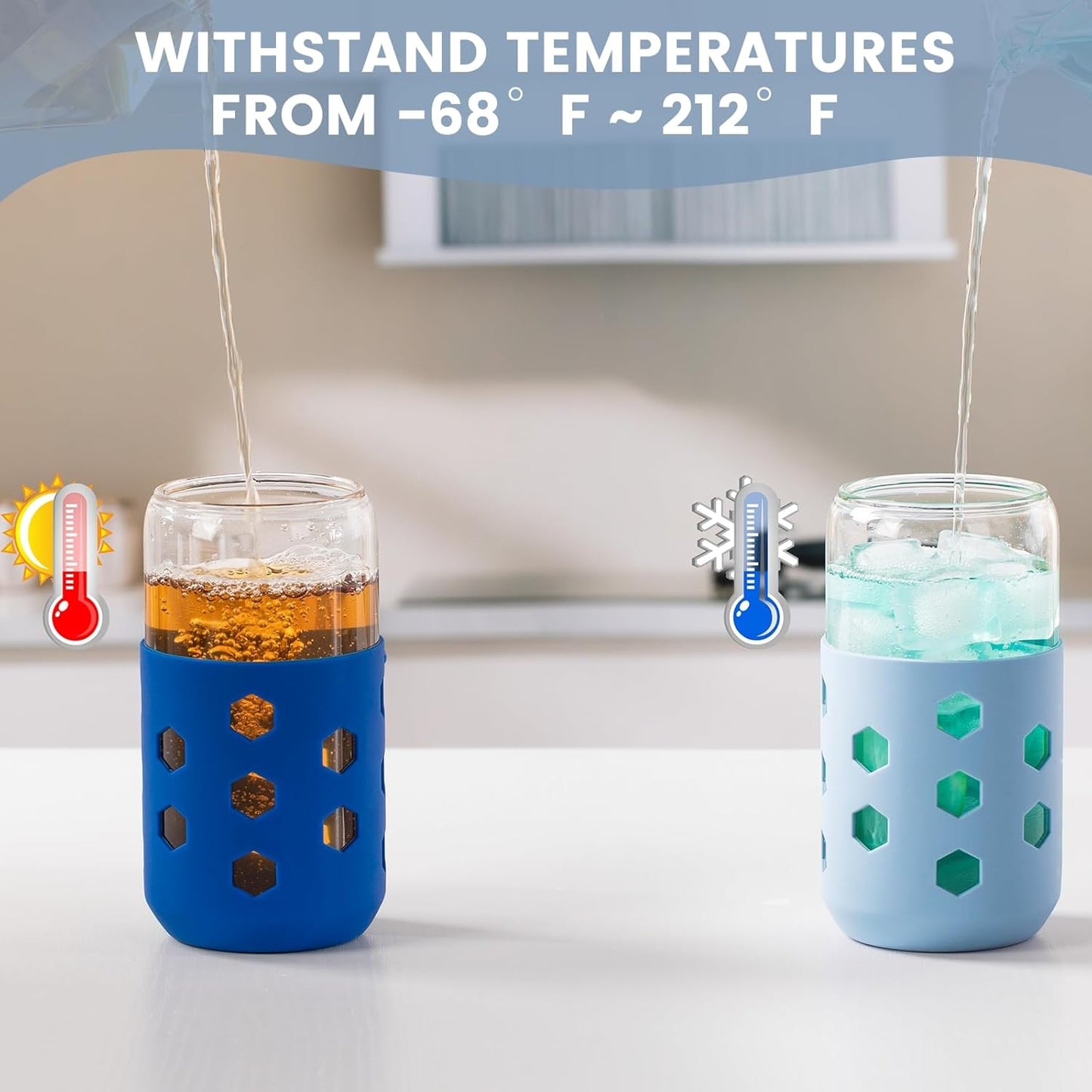 Mrsdry Glass Cups with Lids and Straws (4 Pcs), 16oz Drinking Glasses Set with Silicone Sleeves for Coffee Bar Accessories Iced Coffee Cups with Lids, Glass Tumbler Reusable for Gifts