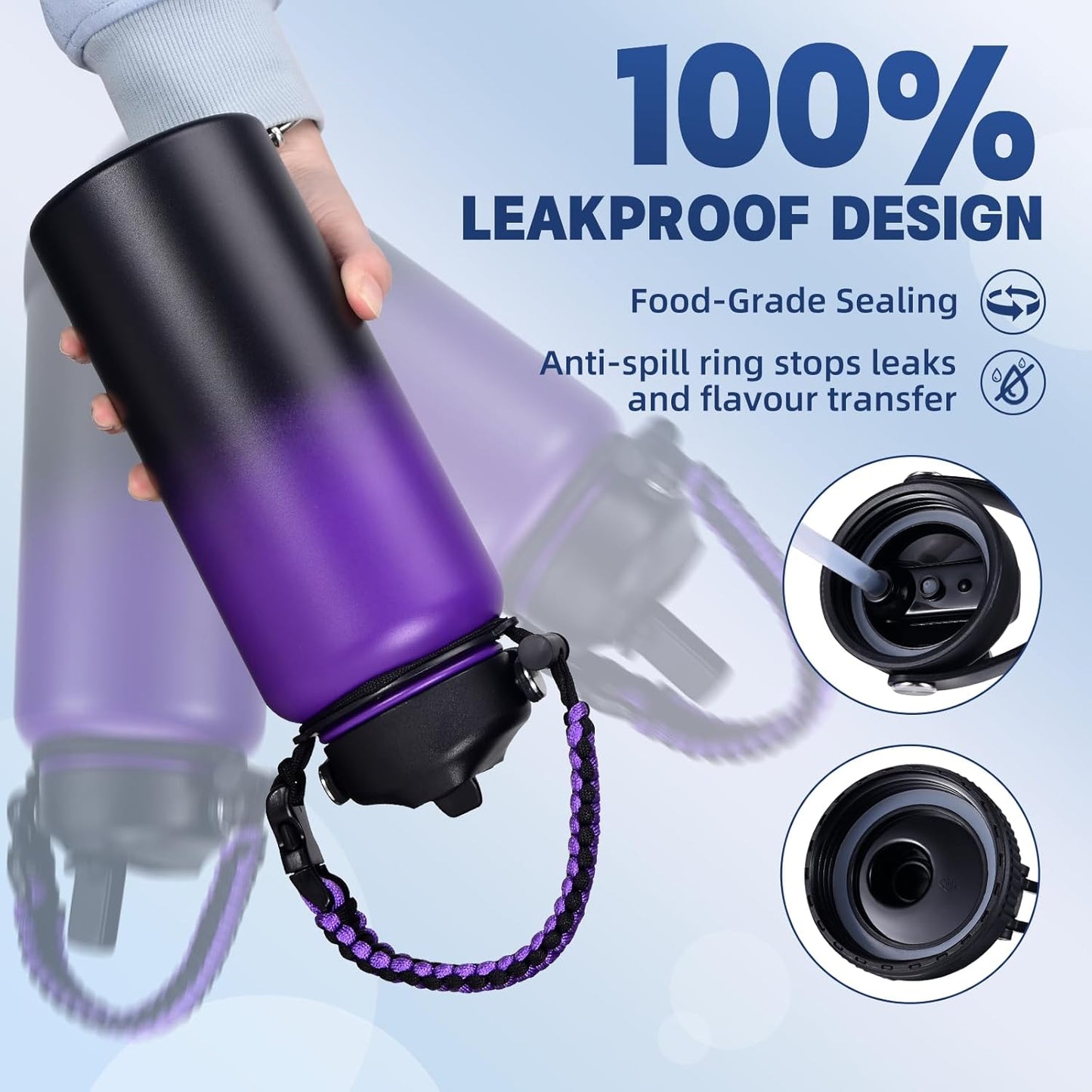 Insulated Water Bottle, 32 oz Stainless Steel Wide Mouth Water Bottles with 2 Leak Proof Lid and Paracord Handle, Double Wall Vacuum Insulated Sports Water Bottle, Purple Black