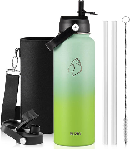 BUZIO 40oz Insulated Water Bottle, Triple Wall Vacuum Stainless Steel Water Flask with 2 lids, Lead-Free BPA-Free Straw Lid Sports Canteen Jug, Cold 48H & Hot 24H- Black - Colors A