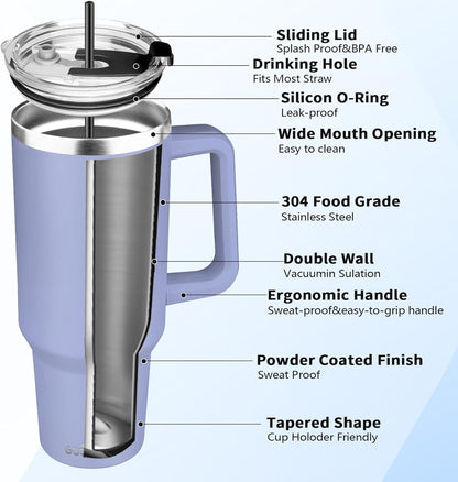 40 oz Tumbler with Handle, Insulated Tumbler with Lid and Straw, Reusable Stainless Steel Vacuum Insulated Cup, 100% Leak Proof Thermal Travel Coffee Mug Cup for Cold and Hot (Light Purple)