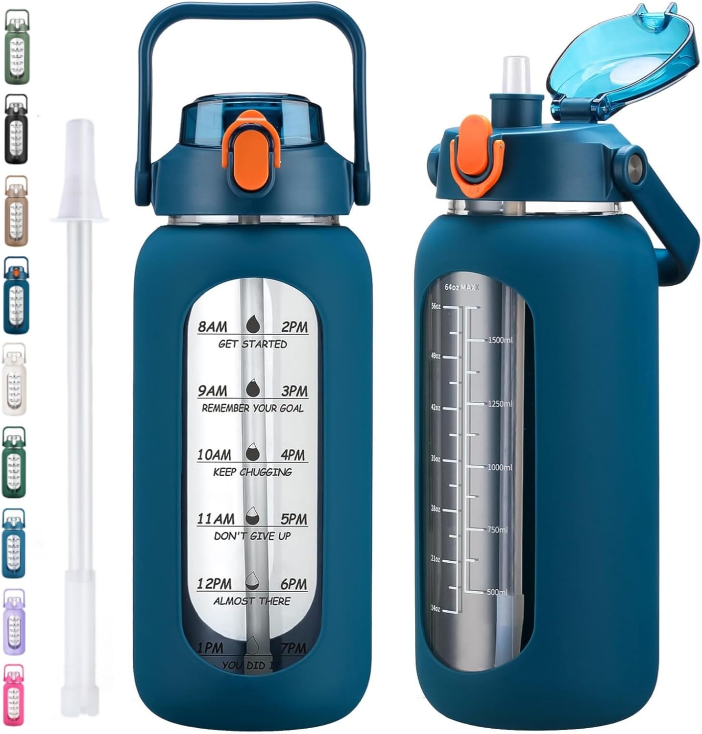 64oz Glass Water Bottles with Straw, Half Gallon Motivational Glass Bottle with Silicone Sleeve and Time Marker, 2L Leakproof Large Glass Water Jug for Gym Home Office,olive
