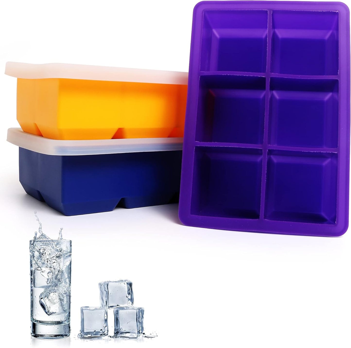 Excnorm Silicone Ice Cube Trays 3 Pack - Large Size Silicone Ice Cube Molds with Leak Proof Removable Lid Square Ice Cube Tray And BPA Free for Cocktail,Whiskey, Stackable Flexible Ice