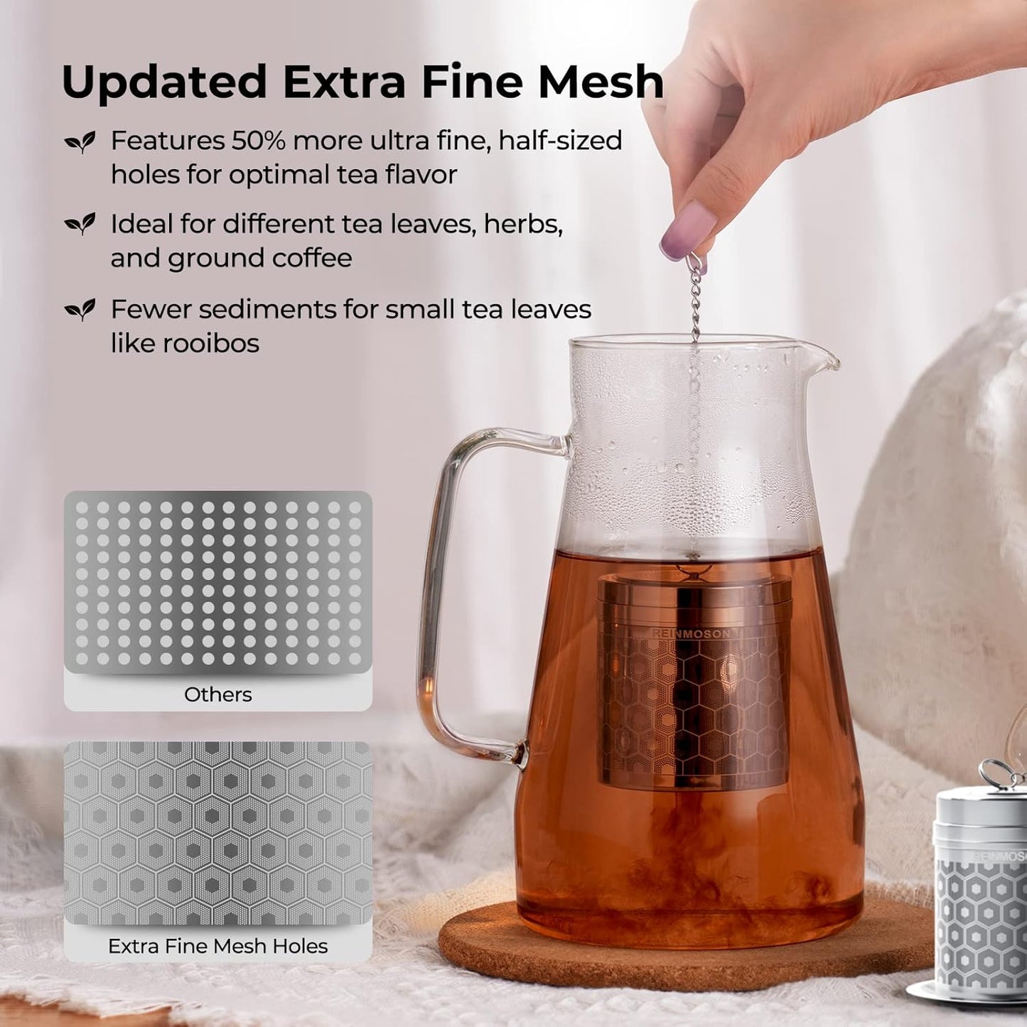 Reinmoson Tea Strainers for Loose Tea, Extra Fine Mesh Tea Infuser, 304 Stainless Steel & Updated Slim Threaded Lid, Loose Leaf Tea Steeper for Black Tea, Rooibos, etc