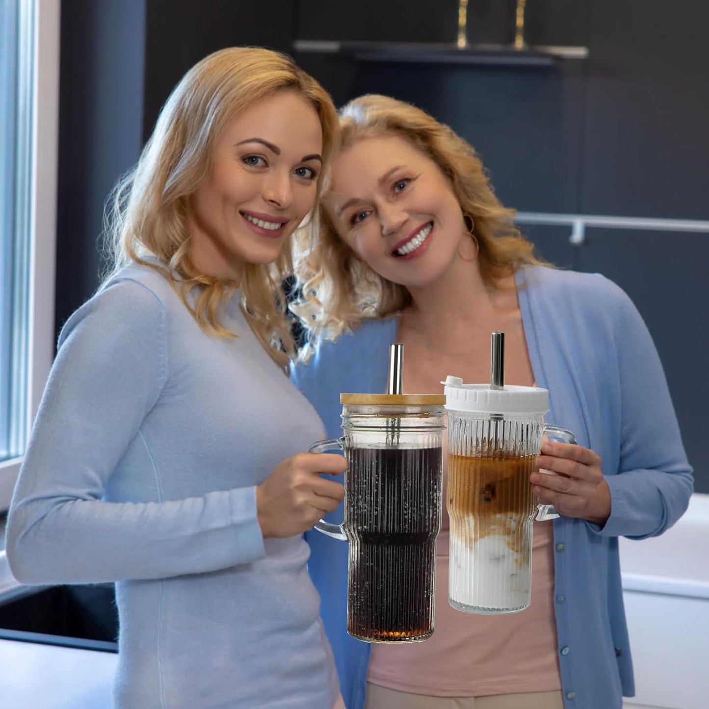 2Pack 40OZ Glass Tumbler with Handle,Glass Cup with Lid and Straw,Reusable Glass Iced Coffee Cup for Beer, Smoothies, Juice,Hot/Cold Drinks-Suitable for Birthday,Wedding