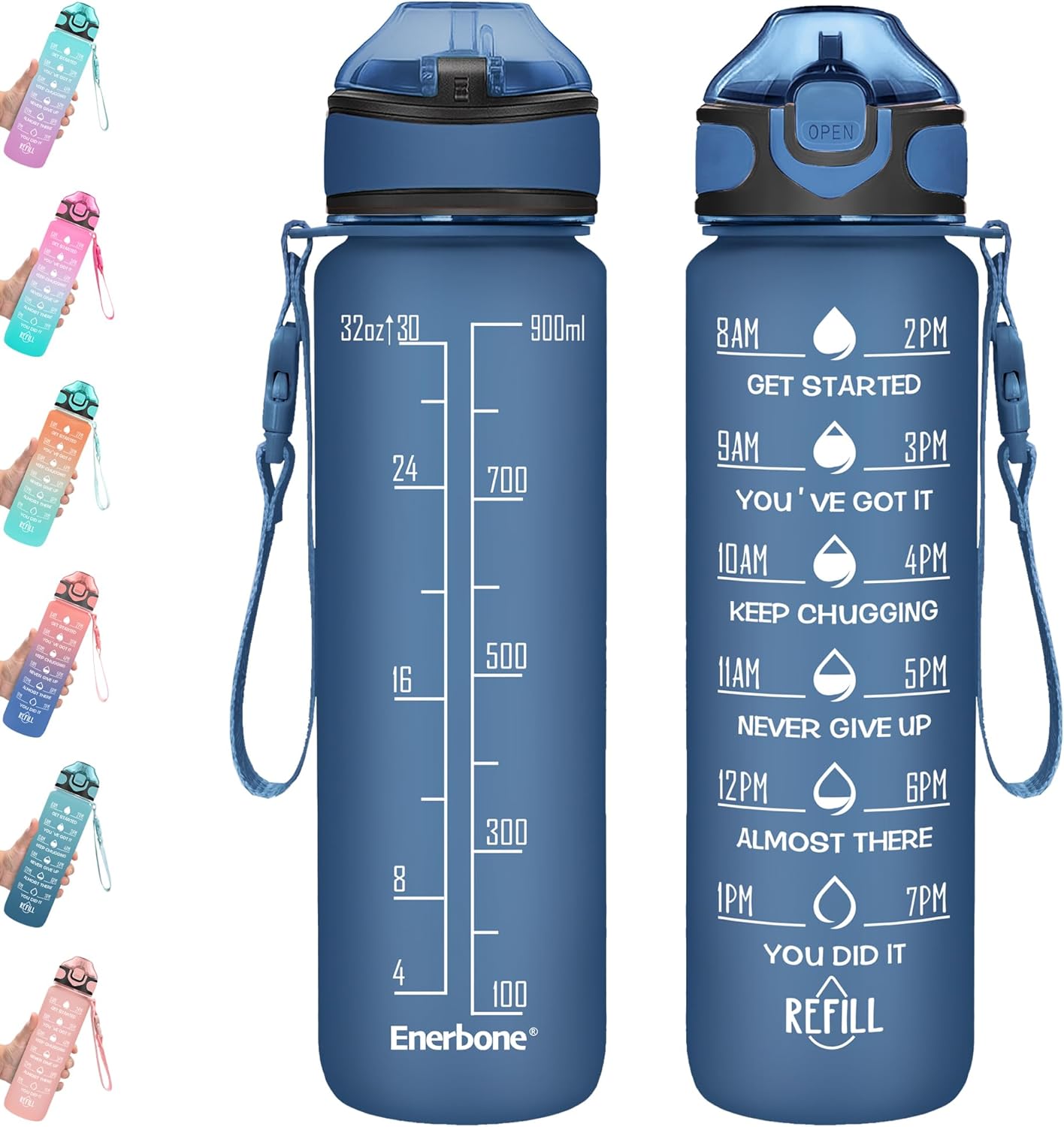 Enerbone 32 oz Drinking Water Bottle with Times to Drink and Straw, Motivational with Carrying Strap, Leakproof BPA & Toxic Free, Ensure You Drink Enough Water for Fitness Gym Outdoor