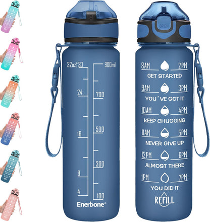 Enerbone 32 oz Drinking Water Bottle with Times to Drink and Straw, Motivational with Carrying Strap, Leakproof BPA & Toxic Free, Ensure You Drink Enough Water for Fitness Gym Outdoor