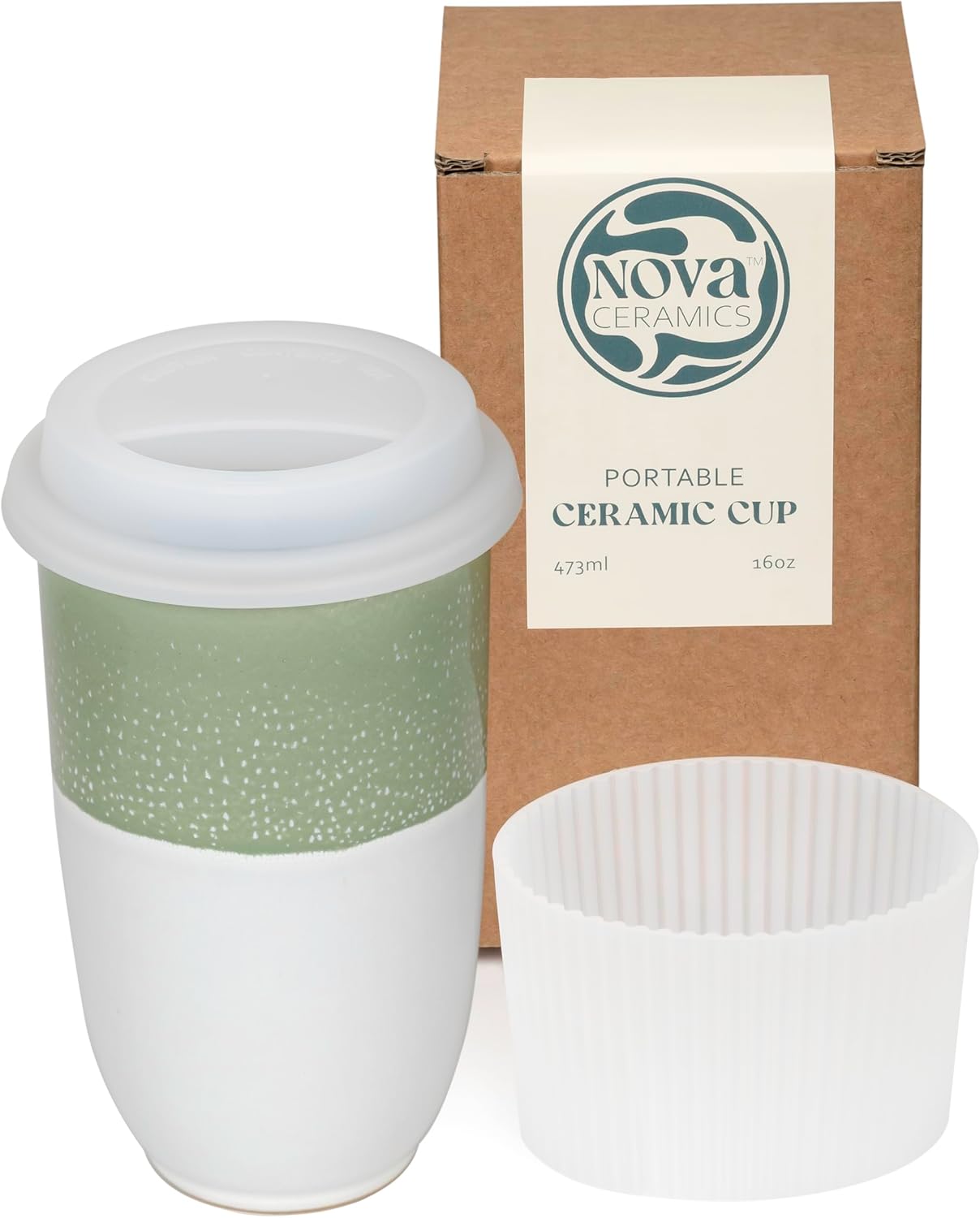 NOVA CERAMICS Coffee Tumbler – Travel Mug - On the Go Coffee Mug – Microwave & Dishwasher Safe Green Coffee Tumbler - Gifts For Women Men Him Her – 16oz – Monsoon