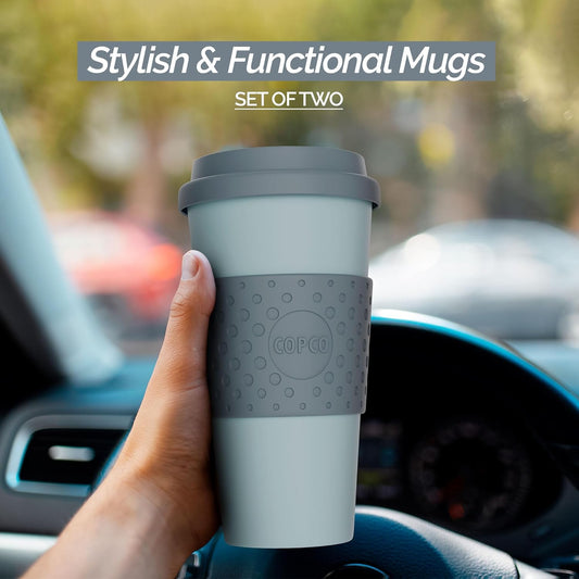 Copco Acadia 16oz Travel Mug with Lid, Set of 2 Double Wall Insulated Tumbler, Non-Slip Sleeve and BPA-Free - Microwave & Dishwasher Safe, Reusable Plastic To Go Travel Coffee Mug (Navy/Blue)