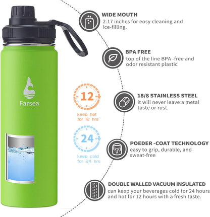 Farsea Insulated Water Bottle With Paracord Handle, Protective Silicone Boot and 2 Lids (Straw Lid & Spout Lid), Stainless Steel Water Bottle Wide Mouth, Double Wall Sweat-Proof BPA-Free, 24 oz