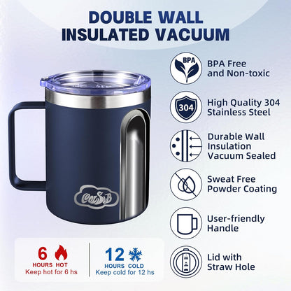 12oz Insulated Coffee Mug with Handle, Stainless Steel Wide Mouth Travel Tumblers with Lid, Double Wall Vacuum Coffee Cup for Camping, Office, Army Green 4 Pack