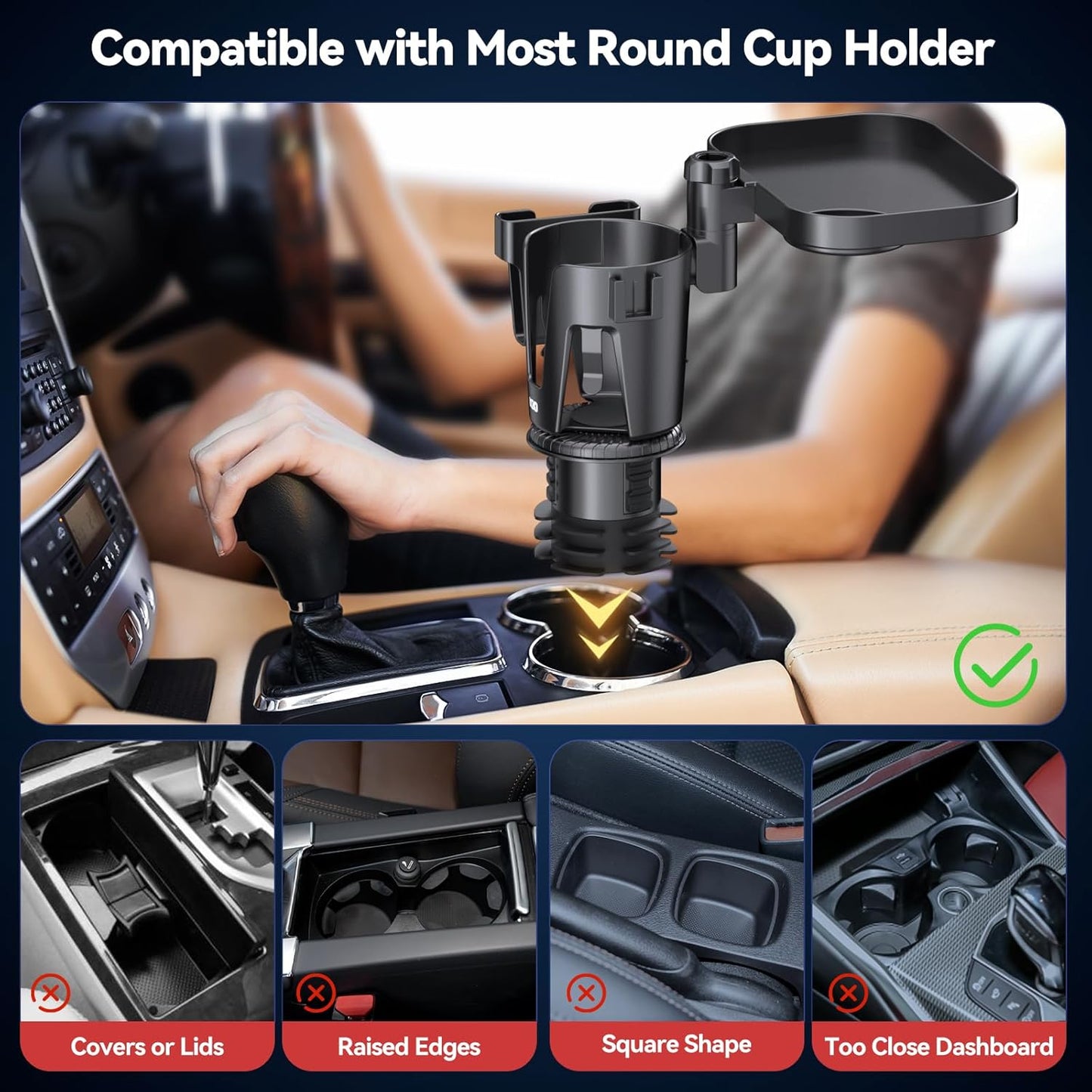 KDD Car Cup Holder Expander - 3 in 1 Cup Holder Adapter with Adjustable Base - Detachable Phone Holder & 360° Rotation Food Tray for Car - Compatible with Vehicles, Car, Road Trip Essentials