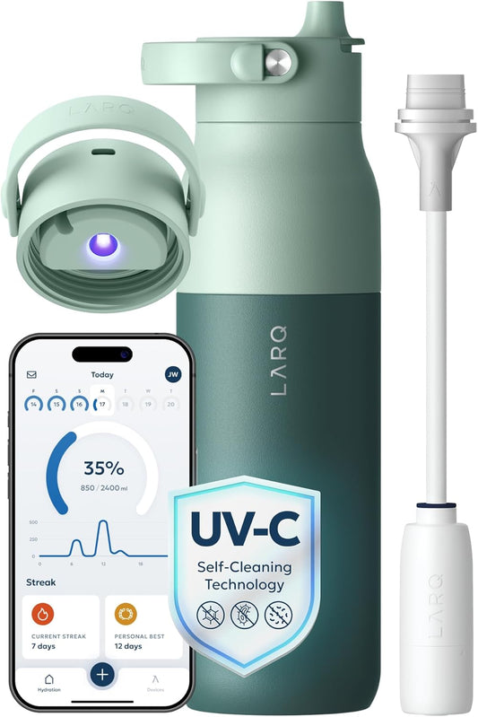 LARQ PureVis 2 Self Cleaning Water Bottle - UV Water Purifier with Filter Straw, Smart App Hydration Tracking, Insulated Stainless Steel