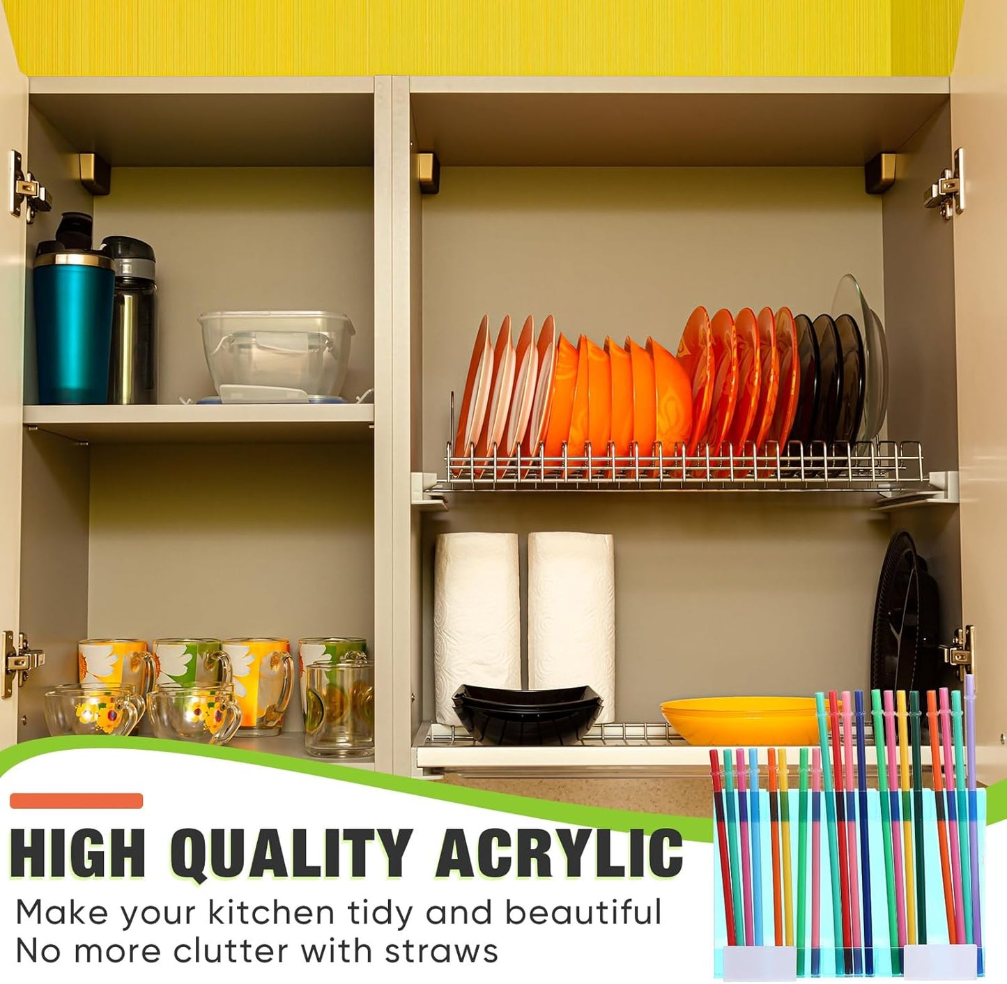 Qinyoung Acrylic Straw Holder for Cabinet Door with Double Sided Adhesive Tape Reusable Straw Organizer Tumbler Storage Kitchen Accessories Container for Counter Cupboard(Classic,Large,Transparent)
