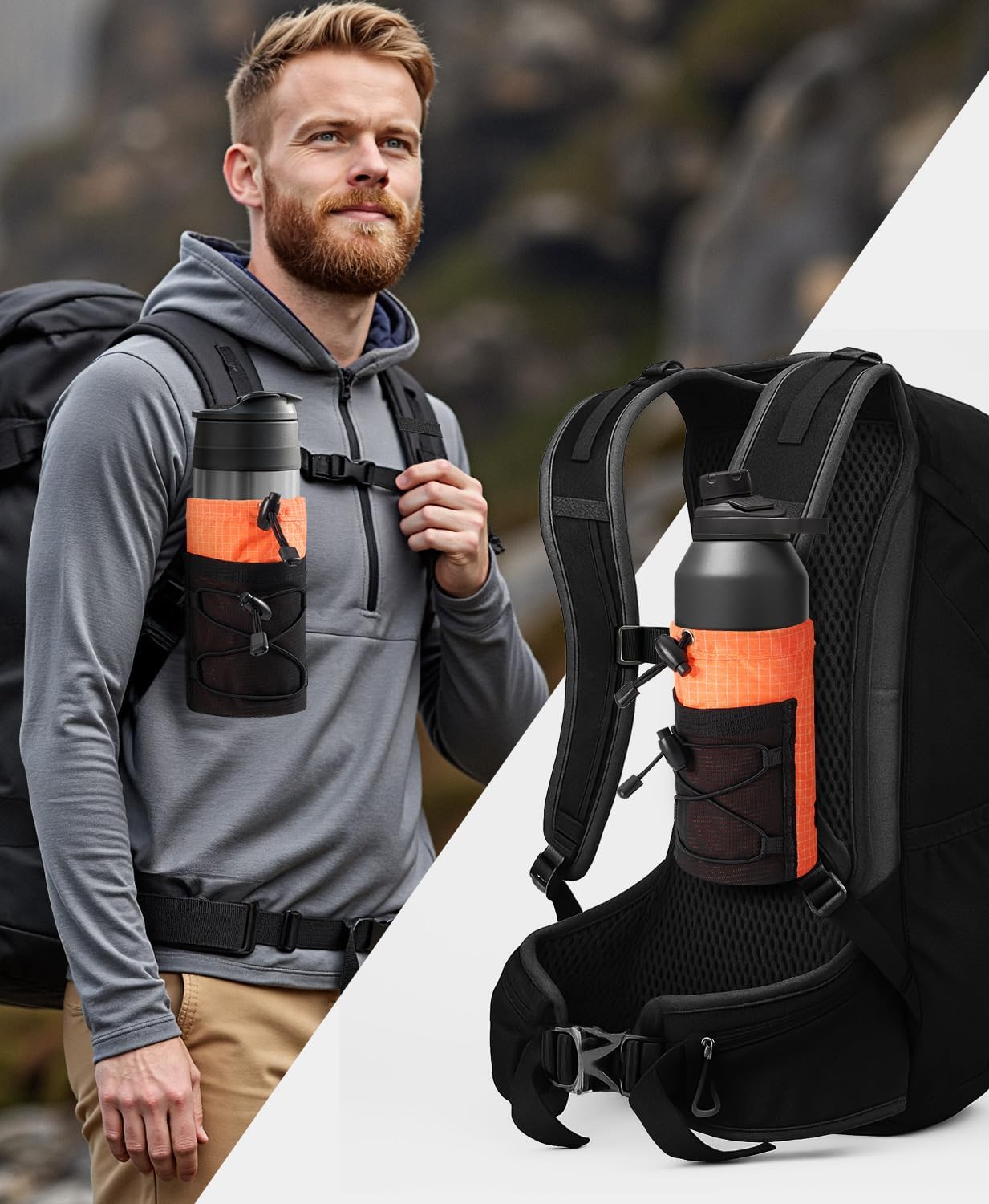 Water Bottle Holder Pouch with Hook Buckle, Backpack Water Bottle Holder Mesh Bag Carrier Fits for 8-24oz Bottles for Hiking, Running, Travel, Outdoor Backpack Accessories & Attachments