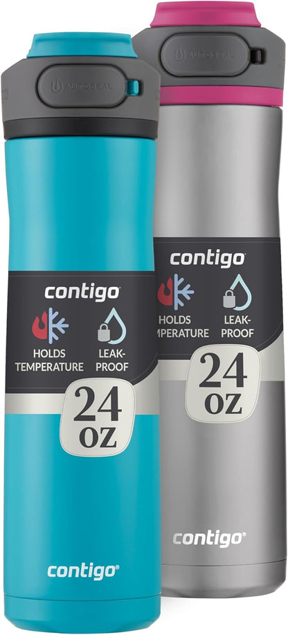 Contigo Cortland Chill 2.0 Vacuum-Insulated Stainless Steel Water Bottle, Spill-Proof Sip Technology, Interchangeable Lid, 24oz, Steel/Licorice, Perfect for Fitness Travel Everyday Use