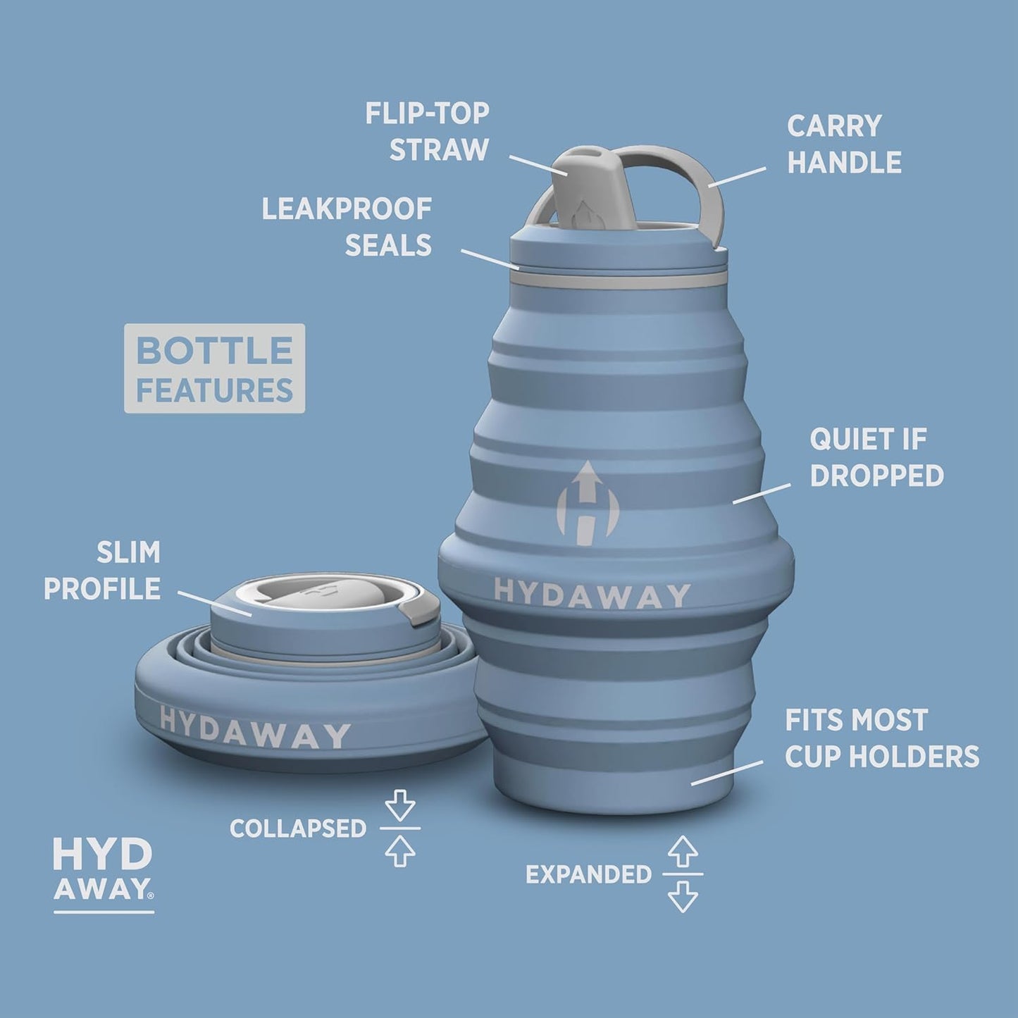 HYDAWAY 17oz Travel Collapsible Water Bottle - BPA-Free, Leakproof, Lightweight, Space-Saving