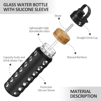 MUKOKO Glass Water Bottles, 32oz Glass Tumbler with Straw, Drinking Bottles with 2 Lids-Handle Spout Lid&Bamboo Straw Lid, Motivational Water Bottle with Time Marker and Silicone Sleeve, 1 Pack-Olive