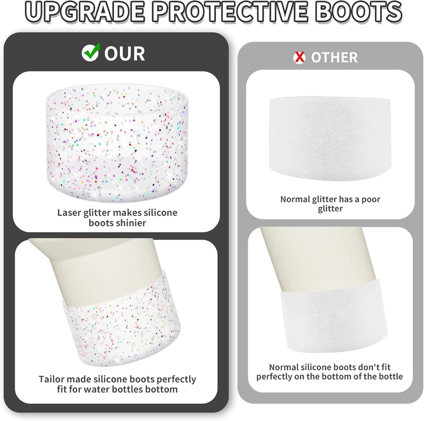 WUQID Protective Bling Silicone Boot Sleeve, Compatible with Stanley Tumbler 20-40oz & Hydro Flask Bottle 12oz-24oz, Glitter Reduces Dents Sleeve Cover for More Bottles/Tumblers Bottom of 2.83-2.95in