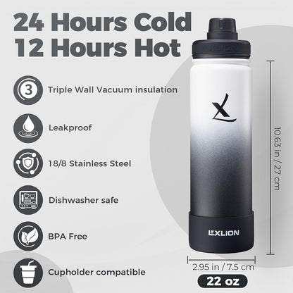 Lexlion Tea Infuser Water Bottle 32 Oz – Triple Wall Insulated Stainless Steel, Loose Leaf & Fruit Strainer, 3 Leakproof Lids, BPA-Free Silicone Sleeve, Reusable Thermal Mug