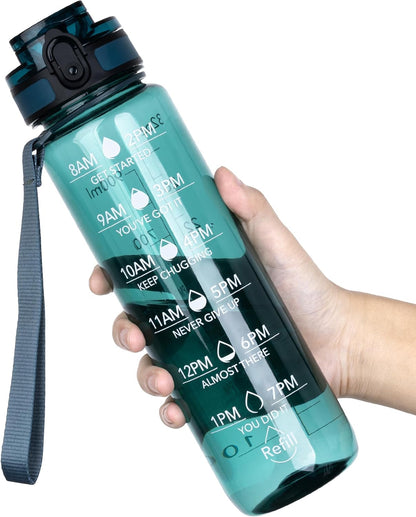 OLDLEY Water Bottle, 32oz Motivational Sports Water Bottle with Time Marker - Times to Drink - Tritan, BPA Free, Wide Mouth Leakproof, Clear (1 Bottle)