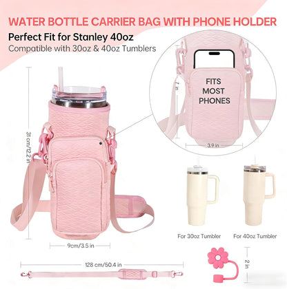 &And Per Se Water Bottle Shoulder Bag with Phone Pocket, Compatible with Stanley 30oz Tumblers - Neoprene Carrier with Adjustable Strap & Charm Accessory (Black)