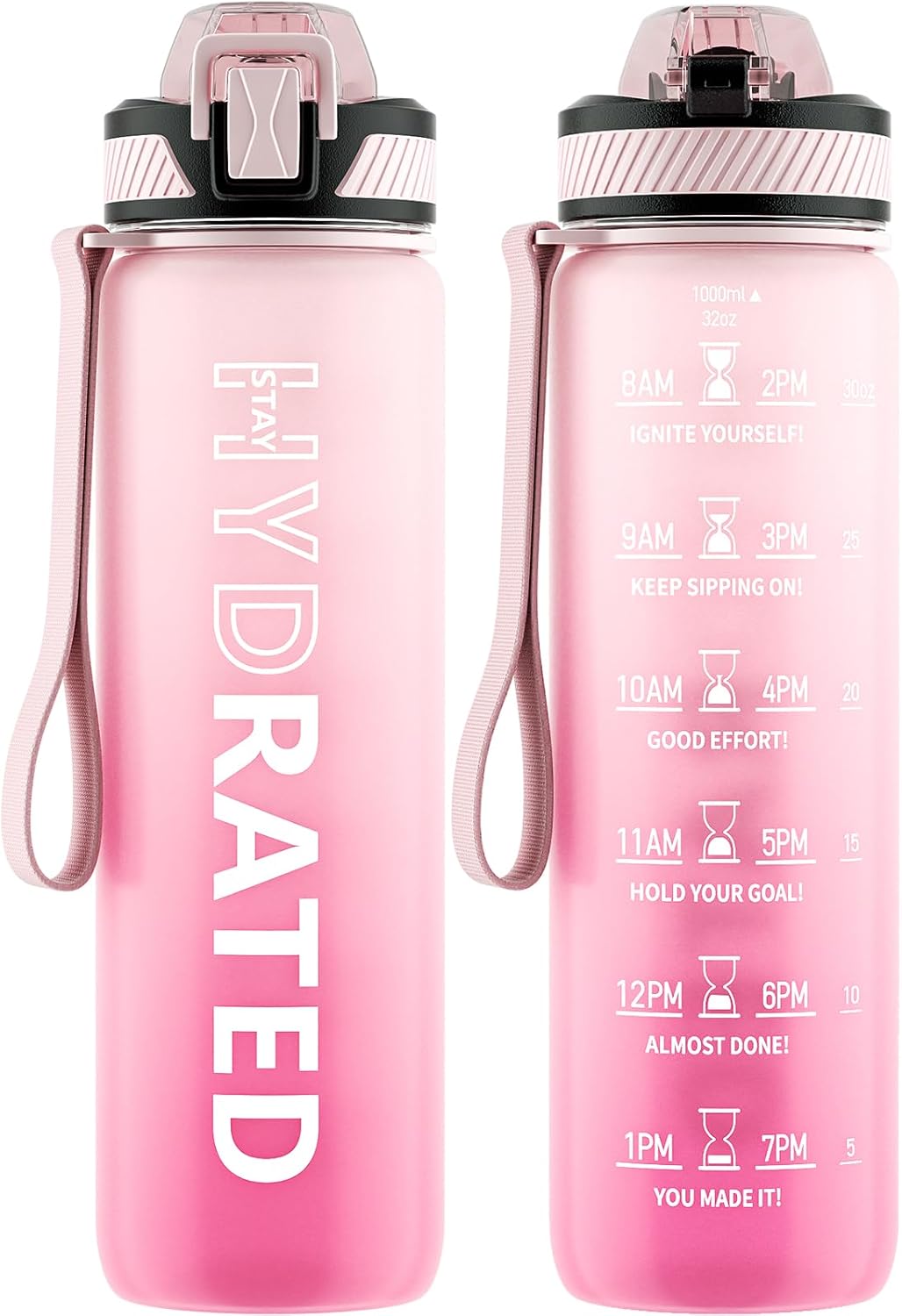 QLUR Water Bottle with Straw, 32oz Motivational Water Bottles with Time Marker to Drink, Tritan BPA Free, 1L Sports Water Bottle with Carry Strap LeakProof for Women Gym Fitness Outdoor (1 Pack)