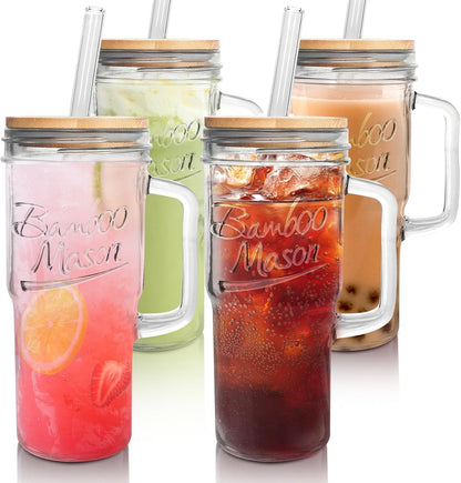ANOTION Bamboo Mason Leakproof Mason Jar Cups with Lids and Straws, Cap Cup 24oz Glass Tumbler with Handle, Rotating Lid Silicone Straw, Reusable Iced Coffee Matcha Cup Coffee Gifts for Women 2pc